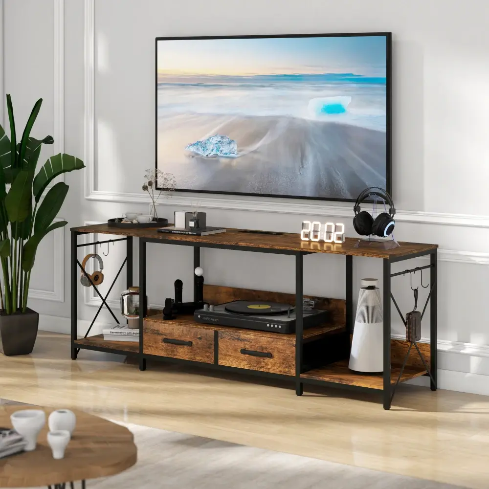 TV Cabinet with LED Lights Power Sockets - TV Cabinet with Fabric Drawers for 65 70 75 Inch TVs Tv Stand Living Room Furniture