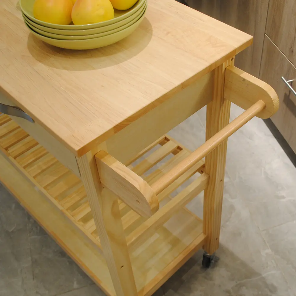 Kitchen Island and Kitchen Trolley, Mobile Kitchen Island with Two Lockable Wheels, Rubber Wood Top Rolling Cart Kitchen Cart
