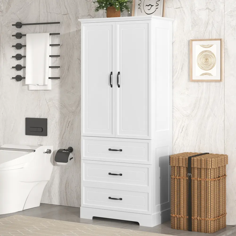 Tall Bathroom Storage Cabinet,Cabinet with Two Doors and Drawers,Adjustable Shelf,Bathroom Furniture  Bathroom Cabinet