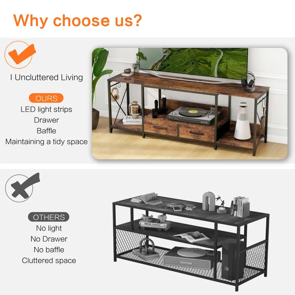 TV Cabinet with LED Lights Power Sockets - TV Cabinet with Fabric Drawers for 65 70 75 Inch TVs Tv Stand Living Room Furniture
