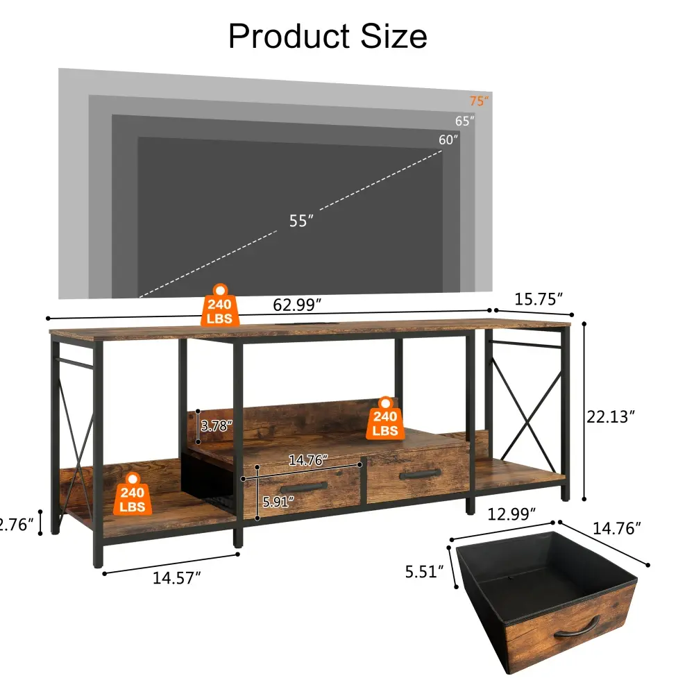 TV Cabinet with LED Lights Power Sockets - TV Cabinet with Fabric Drawers for 65 70 75 Inch TVs Tv Stand Living Room Furniture