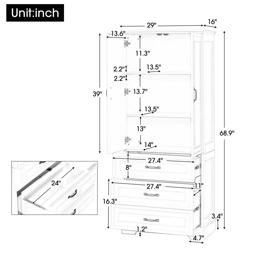 Tall Bathroom Storage Cabinet,Cabinet with Two Doors and Drawers,Adjustable Shelf,Bathroom Furniture  Bathroom Cabinet