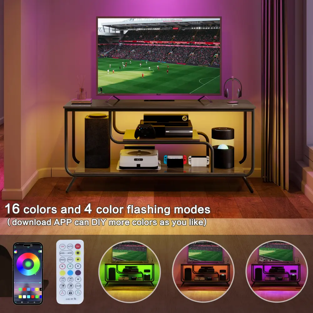 TV Stand with Power Outlets and LED Lights - TV Stand for 55" TV, Entertainment Center with Shelves Tv Stand