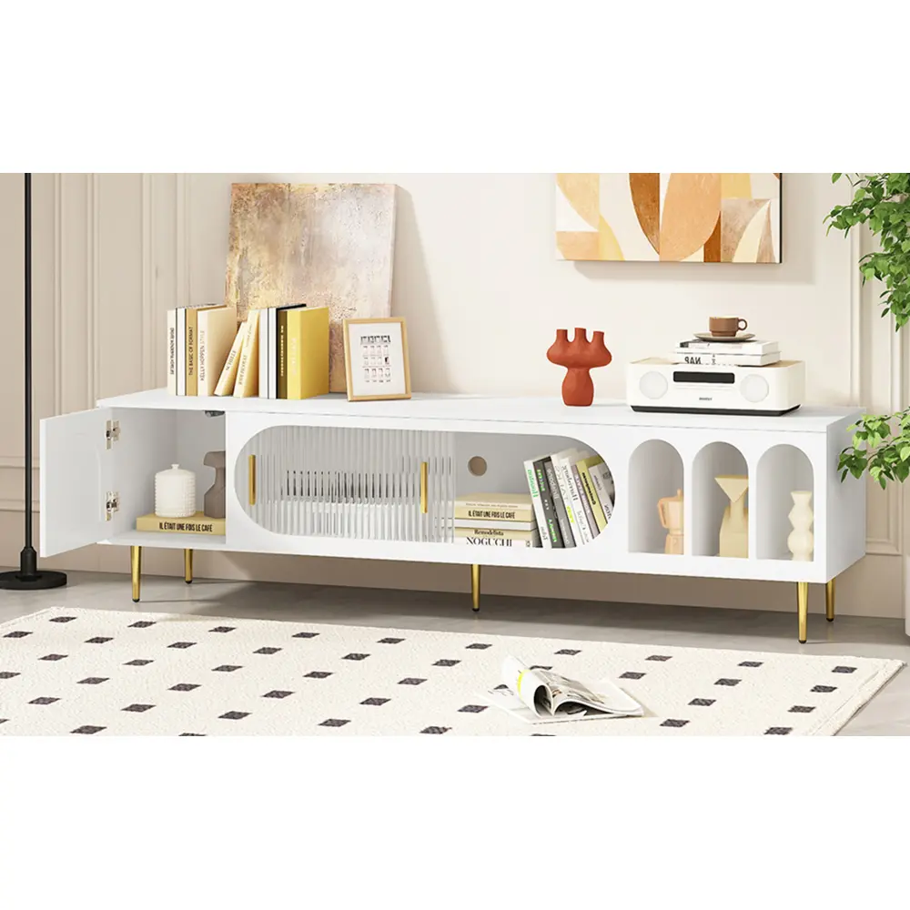 Modern TV Stand for 70 Inch TV with 3 Shelves and 2 Cabinets, Living Room TV Console Cabinet Furniture Modern Tv Stand