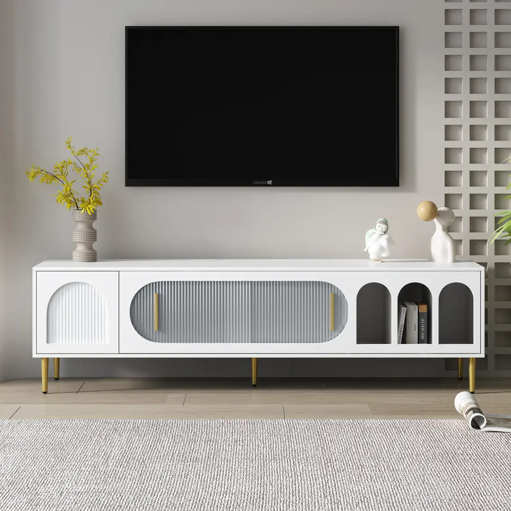 Modern TV Stand for 70 Inch TV with 3 Shelves and 2 Cabinets, Living Room TV Console Cabinet Furniture Modern Tv Stand
