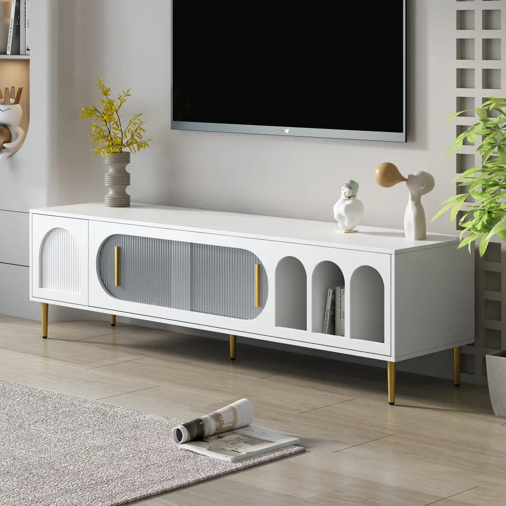 Modern TV Stand for 70 Inch TV with 3 Shelves and 2 Cabinets, Living Room TV Console Cabinet Furniture Modern Tv Stand