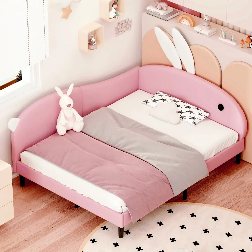 Full Size Upholstered Rabbit-Shape Daybed, Sofabed with Rabbit Ear Headboard, Pink Bed Frame