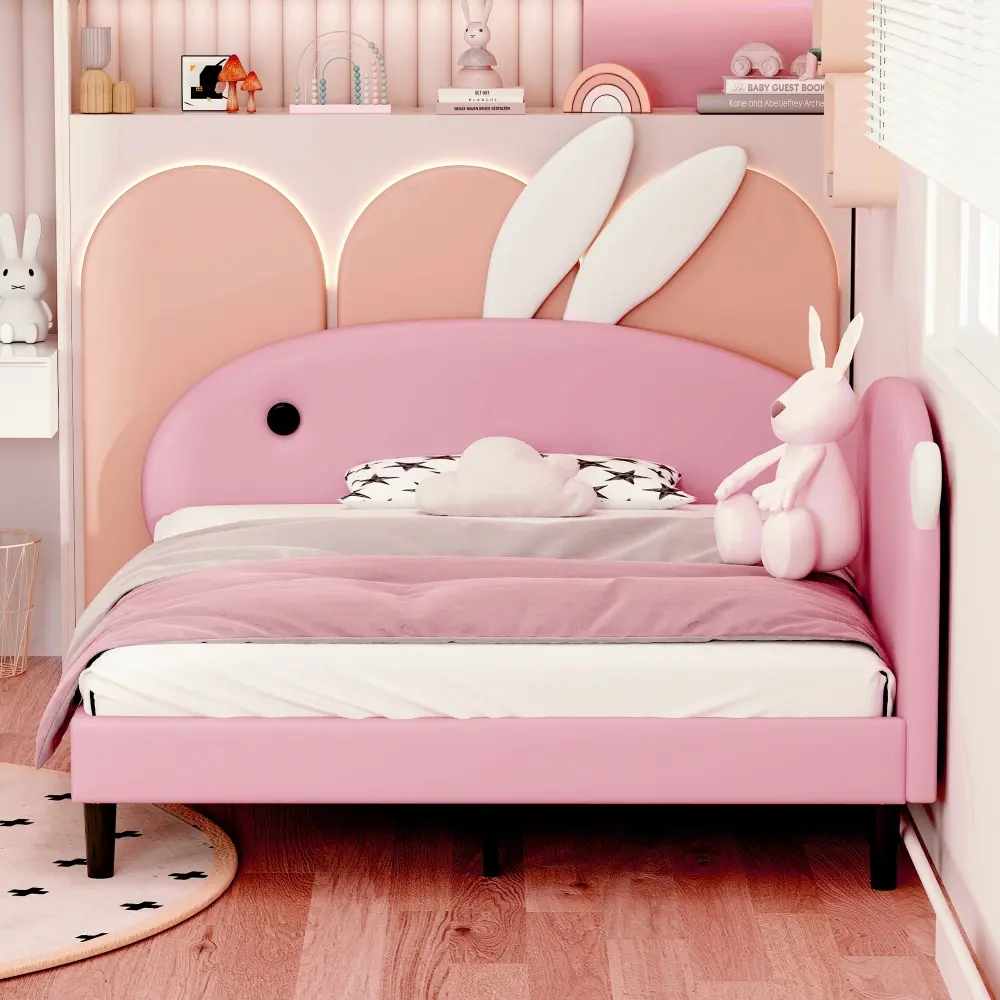 Full Size Upholstered Rabbit-Shape Daybed, Sofabed with Rabbit Ear Headboard, Pink Bed Frame