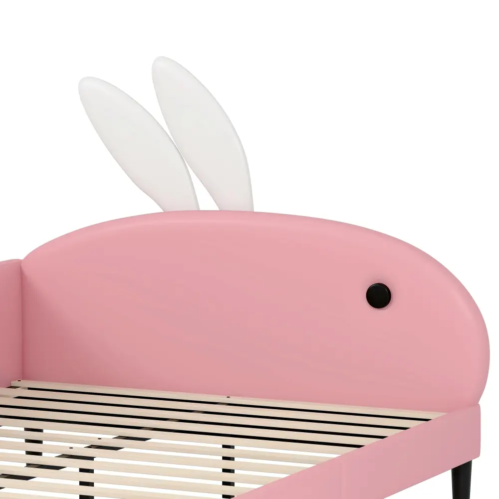 Full Size Upholstered Rabbit-Shape Daybed, Sofabed with Rabbit Ear Headboard, Pink Bed Frame