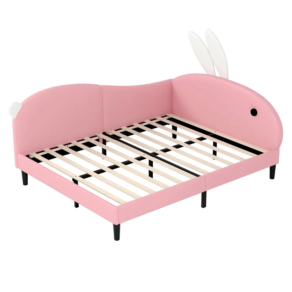 Full Size Upholstered Rabbit-Shape Daybed, Sofabed with Rabbit Ear Headboard, Pink Bed Frame