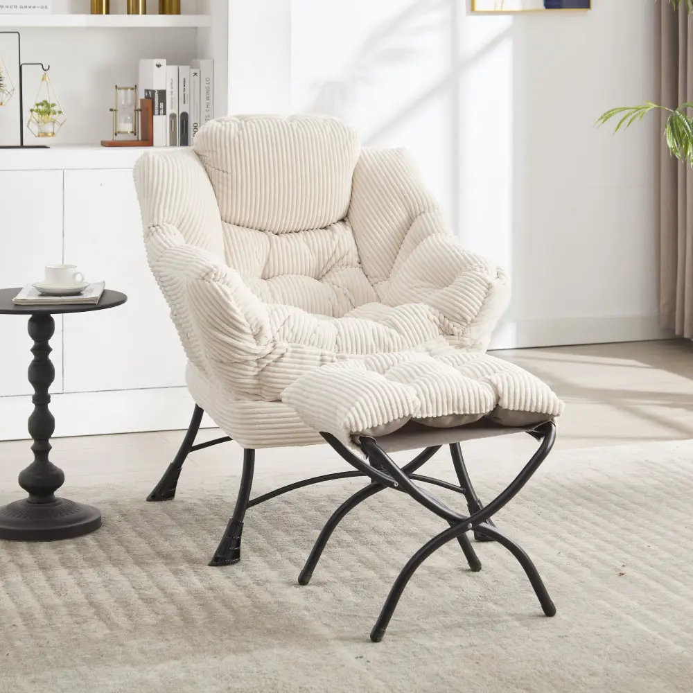 Lazy Chair with Footstool, Modern Lounge Chair with Armrests and Side Pockets, Casual Upholstered Sofa Chair for Small Space