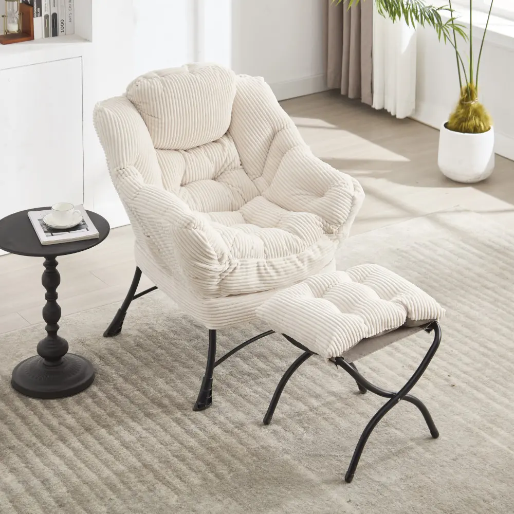 Lazy Chair with Footstool, Modern Lounge Chair with Armrests and Side Pockets, Casual Upholstered Sofa Chair for Small Space