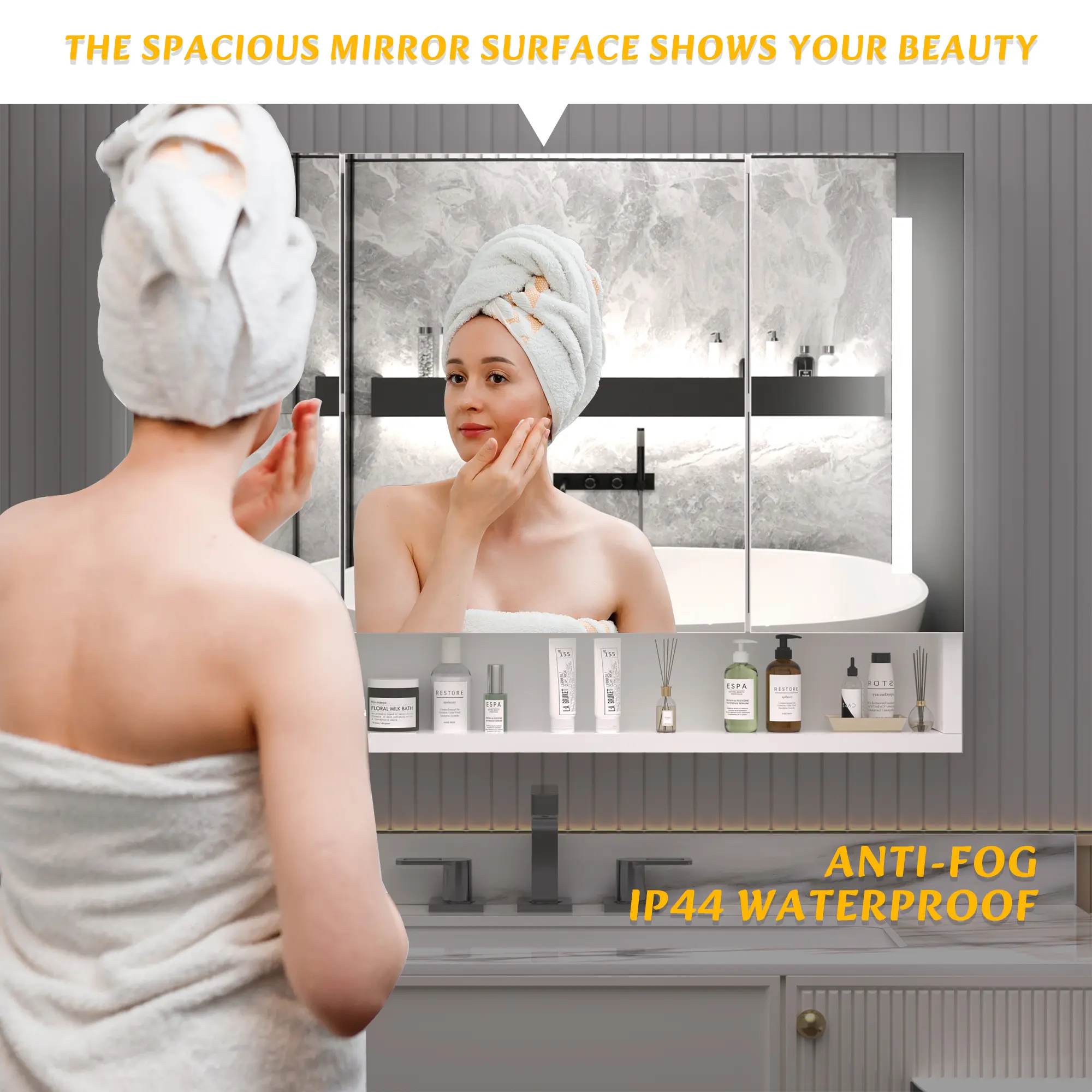 Modern 39x28 Inch Bathroom Cabinet with Mirror and LED Lights and Storage Compartments Bathroom Furniture