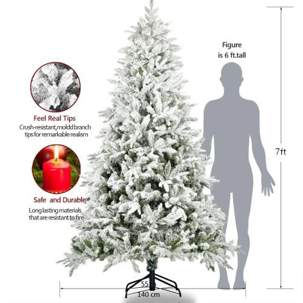 Snow Flocked Christmas Tree 7ft Artificial Hinged Pine Tree with White Realistic Tips Unlit Christmas  Christmas Tree