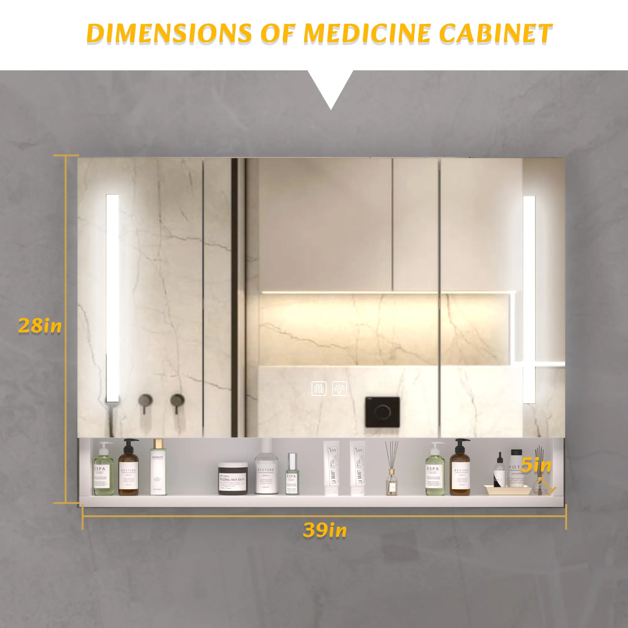 Modern 39x28 Inch Bathroom Cabinet with Mirror and LED Lights and Storage Compartments Bathroom Furniture