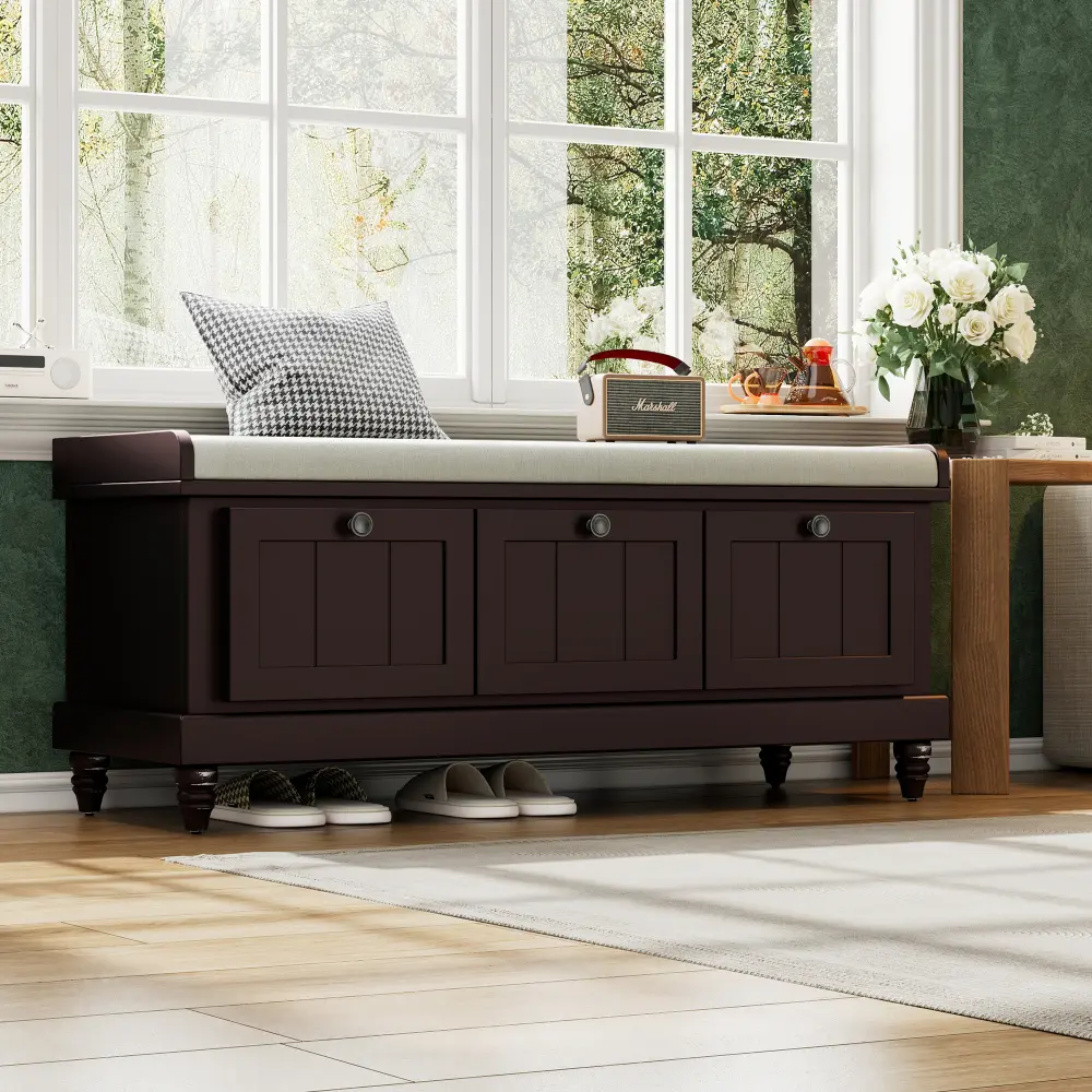 Classic Storage Bench with Cushioned Seat and Three Drawers for Entryway and Living Room  Furniture  Stool  Stool Chair