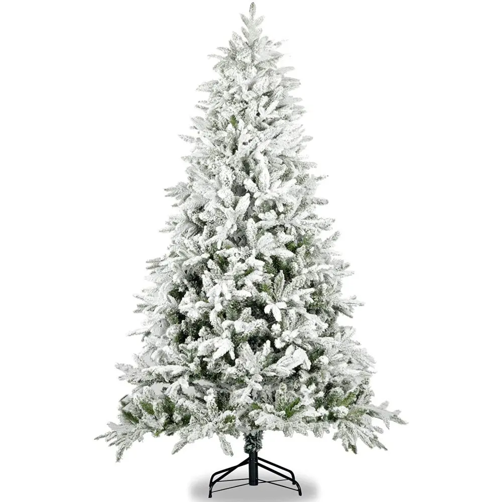 Snow Flocked Christmas Tree 7ft Artificial Hinged Pine Tree with White Realistic Tips Unlit Christmas  Christmas Tree
