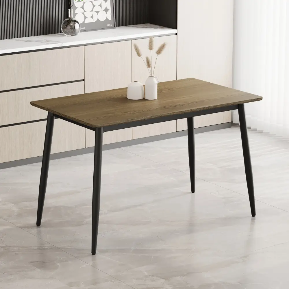 Modern Simple Wood Grain Tabletop Dining Table, Sturdy and Durable, Black Metal Leg Design, Suitable for 4-6 People Dining Table