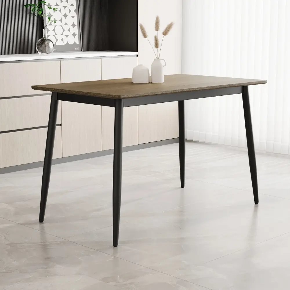 Modern Simple Wood Grain Tabletop Dining Table, Sturdy and Durable, Black Metal Leg Design, Suitable for 4-6 People Dining Table