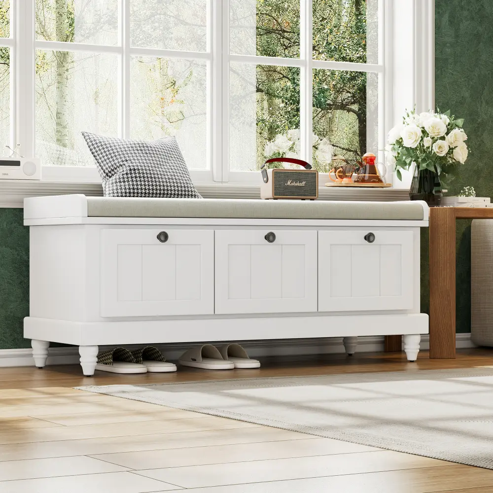 Classic Storage Bench with Cushioned Seat and Three Drawers for Entryway and Living Room  Furniture  Stool  Stool Chair