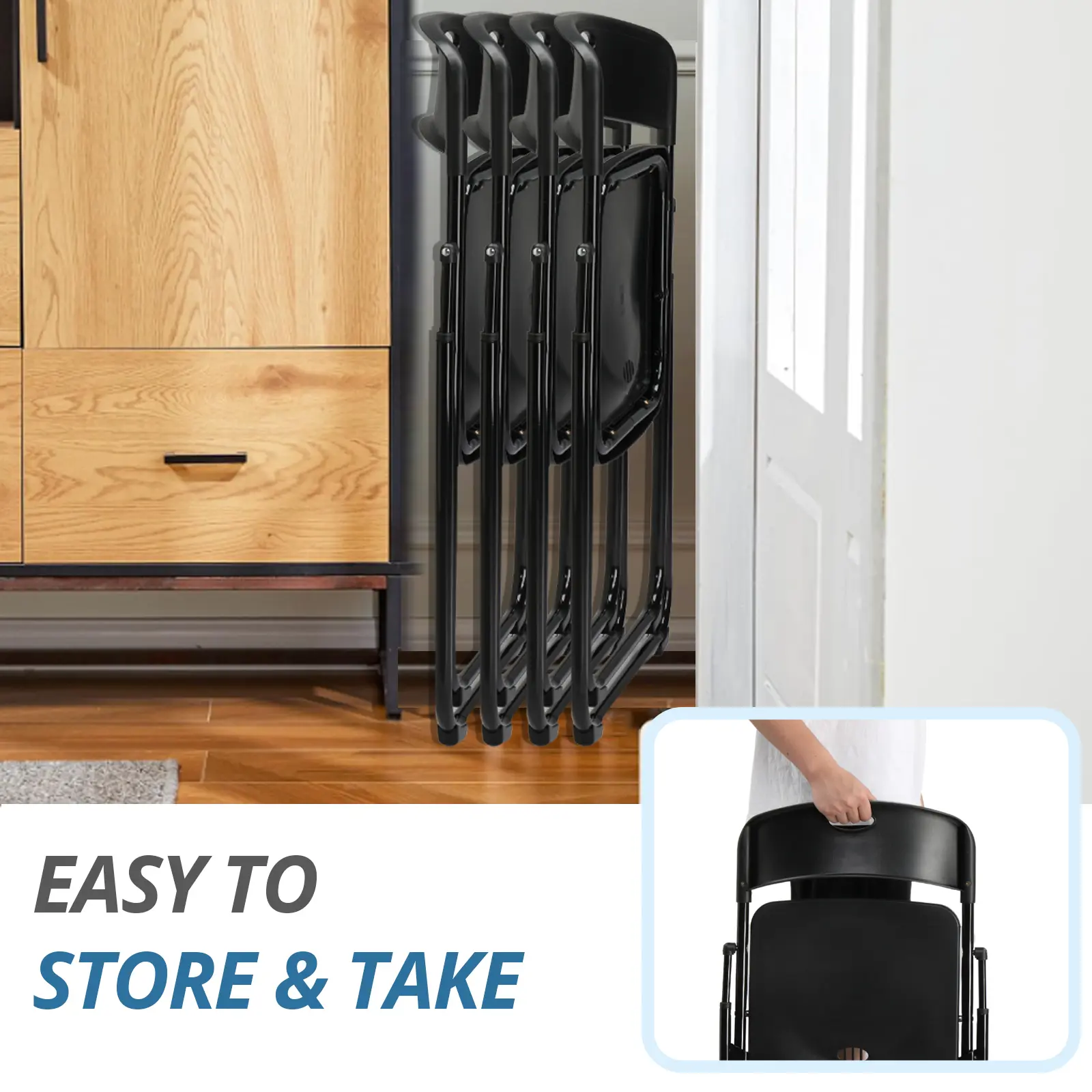 4 Pack Plastic Folding Chairs Stackable Commercial Chairs Portable Event Seating Black Chairs