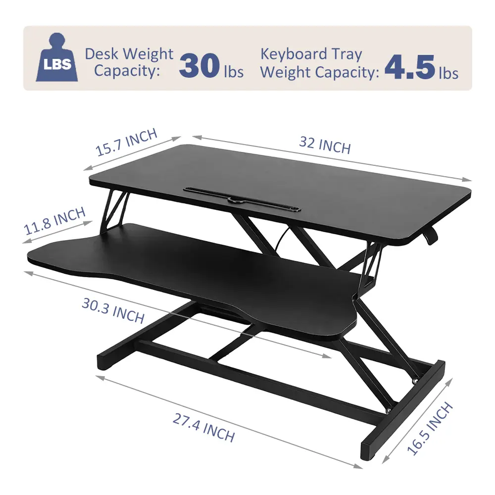 32" Desk Converter, Height Adjustable Sit-Stand Lift, Dual Monitor and Laptop Workstation, Wide Band Keyboard Tray Laptop Desk