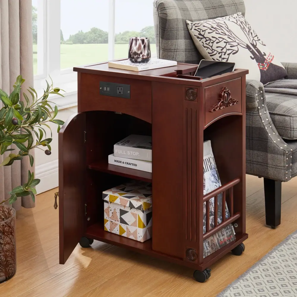 Traditional Side Table with Charging Station, Narrow Side Table with USB Ports and Sockets, for Living Room Side Table