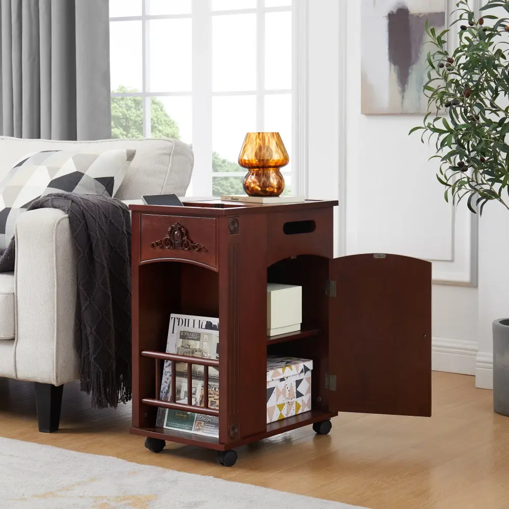 Traditional Side Table with Charging Station, Narrow Side Table with USB Ports and Sockets, for Living Room Side Table