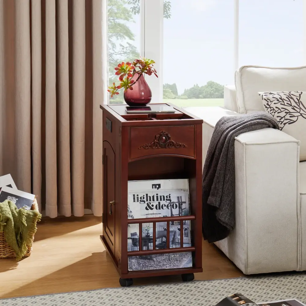 Traditional Side Table with Charging Station, Narrow Side Table with USB Ports and Sockets, for Living Room Side Table