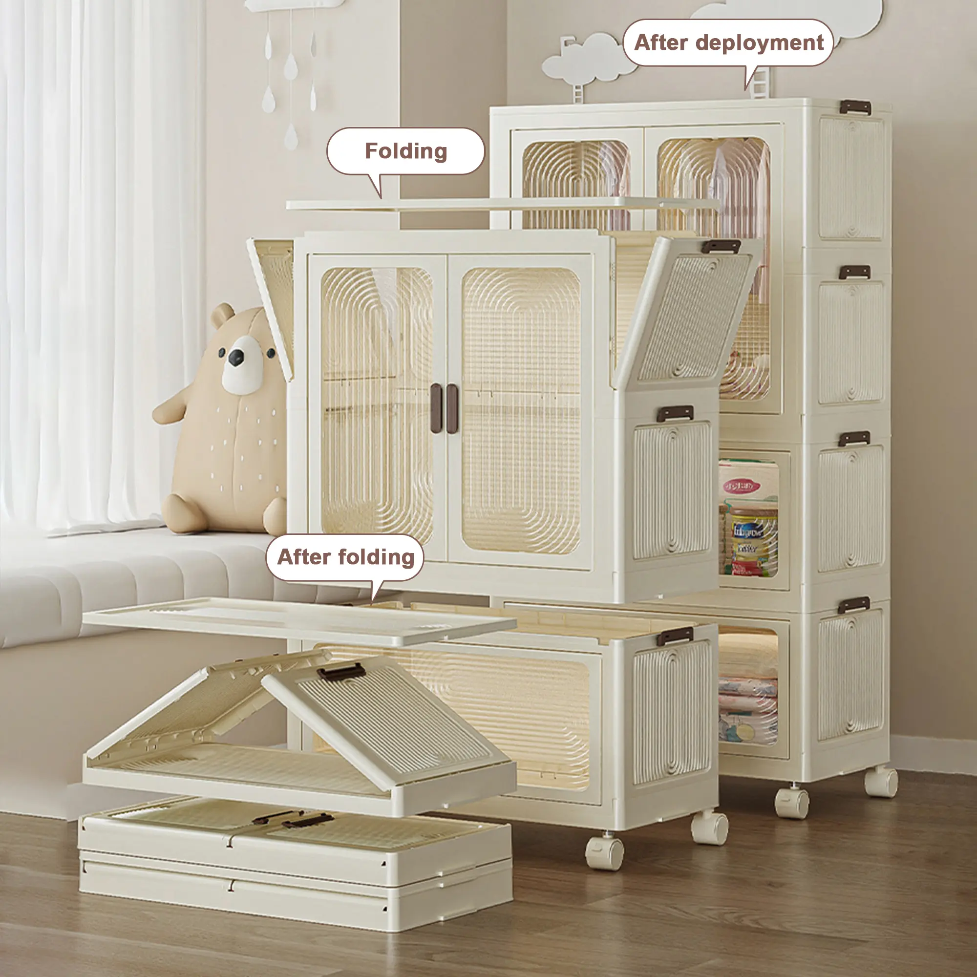 Portable Wardrobe, Clothes Storage Organizer, Magnetic Door, with 4 Cubes and Hanging Rod, 10 Hangers, Kids Clothes Organizer