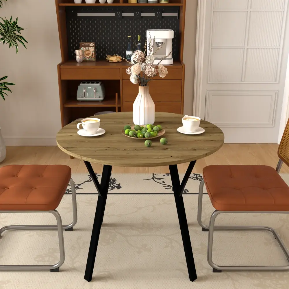 35.43 Inch Round Dining Table, Small Round Kitchen Table with Metal Black Legs, Brown (Table Only) Dining Table