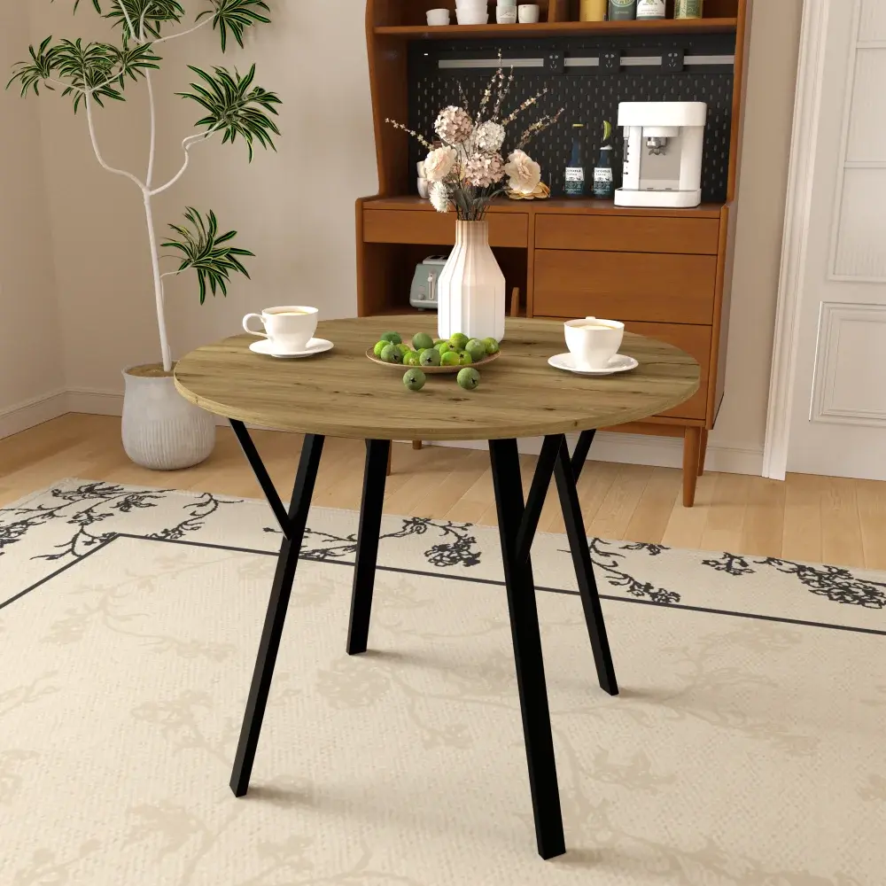 35.43 Inch Round Dining Table, Small Round Kitchen Table with Metal Black Legs, Brown (Table Only) Dining Table