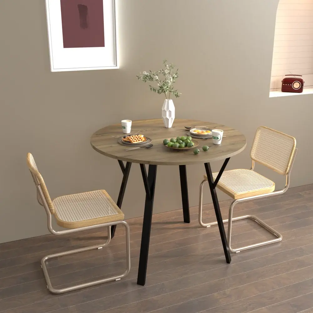 35.43 Inch Round Dining Table, Small Round Kitchen Table with Metal Black Legs, Brown (Table Only) Dining Table