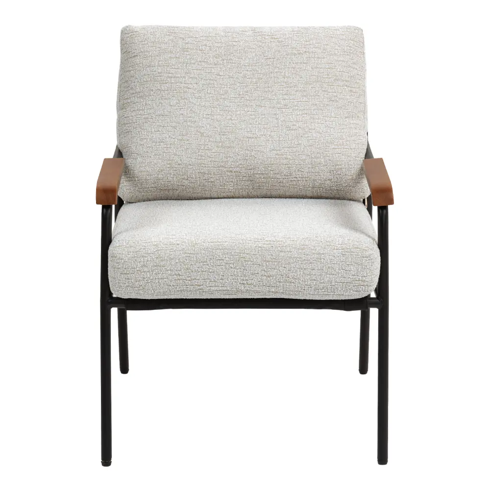 Contemporary Style Chair with Natural Wood Armrests and Black Metal Frame, Light Beige Upholstered Seat and Back