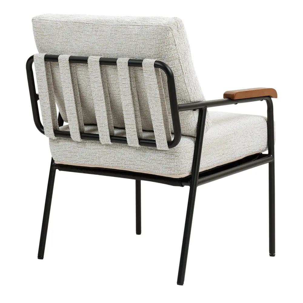 Contemporary Style Chair with Natural Wood Armrests and Black Metal Frame, Light Beige Upholstered Seat and Back