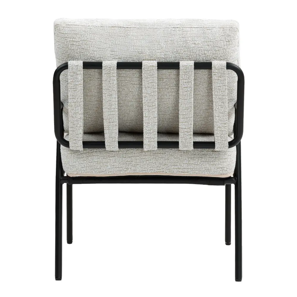 Contemporary Style Chair with Natural Wood Armrests and Black Metal Frame, Light Beige Upholstered Seat and Back