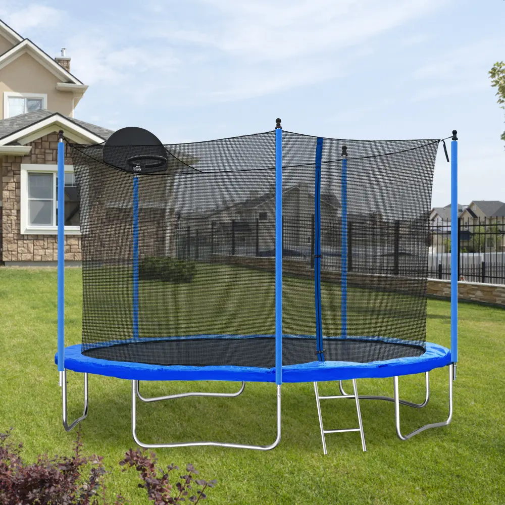 12ft AdultandKids TrampolinewithBasketball Hoop,Outdoor TrampolinewithLadder andSafety Fence Net Trampoline for Kids  Trampoline