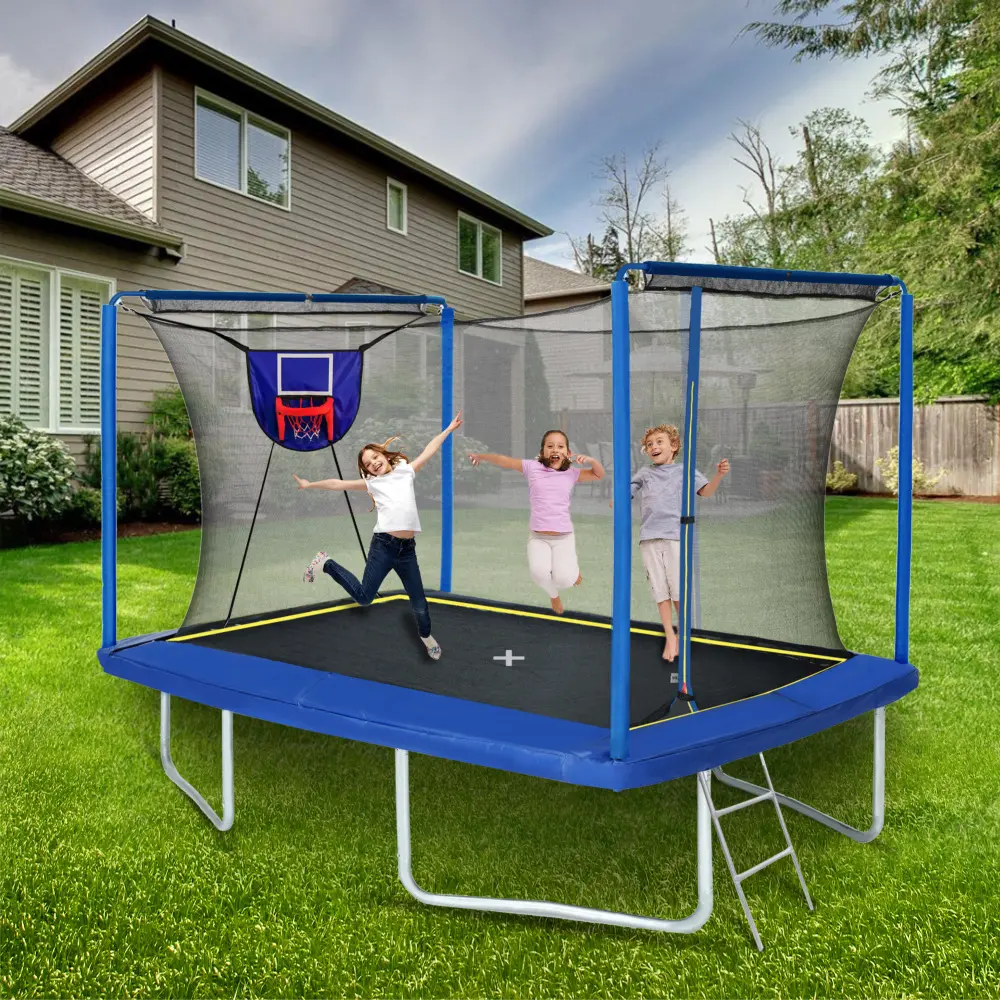 8' X 12' Rectangular Trampoline with Basketball Board, Ball Inflator and Ladder - Blue Jumping Trampoline  Kids Trampoline