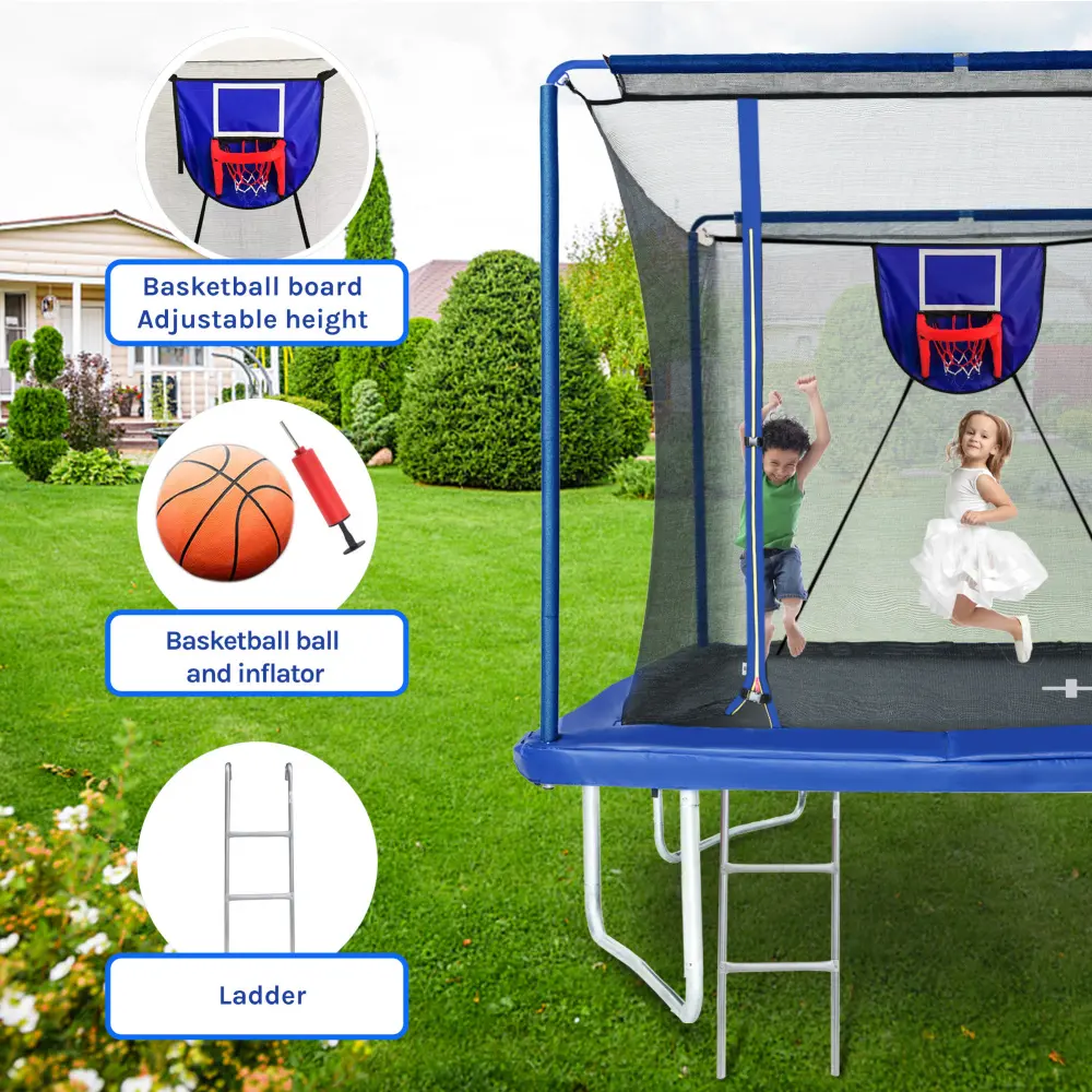 8' X 12' Rectangular Trampoline with Basketball Board, Ball Inflator and Ladder - Blue Jumping Trampoline  Kids Trampoline