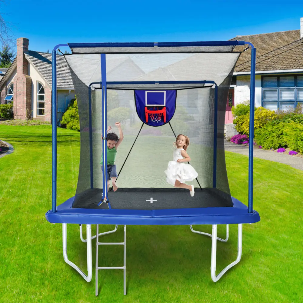 8' X 12' Rectangular Trampoline with Basketball Board, Ball Inflator and Ladder - Blue Jumping Trampoline  Kids Trampoline
