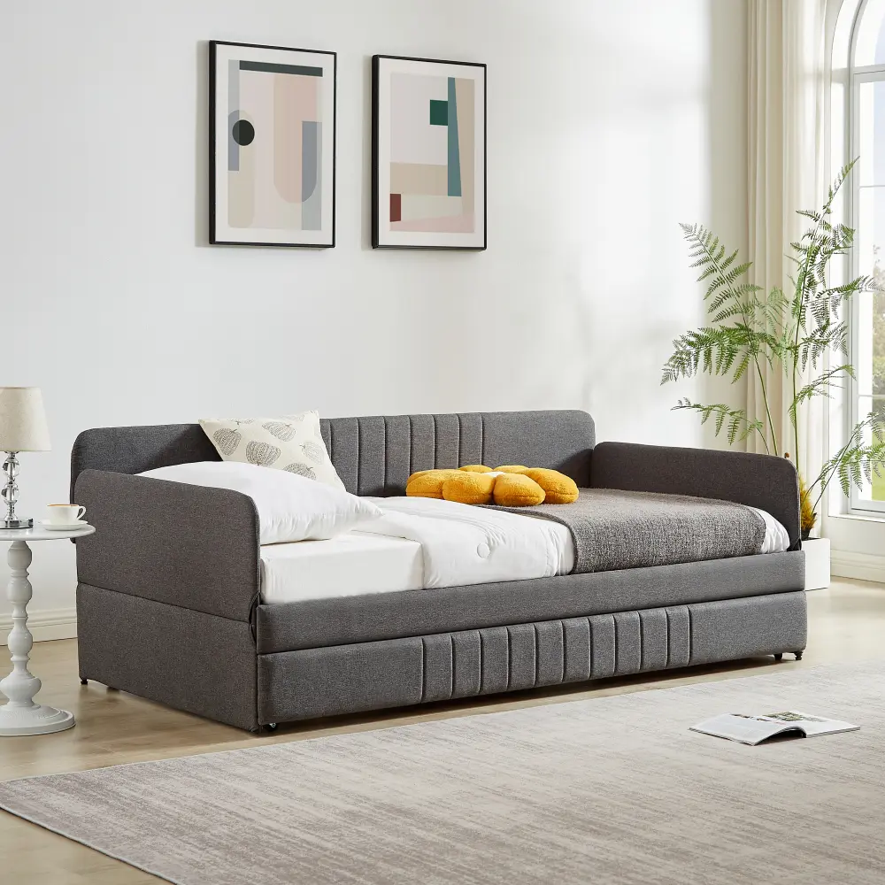 Daybed, Sofa Bed Metal Framed with Trundle Twin Size, Grey, 78.4''w X 41''d X 29.8''h. Living Room Furniture  Sofa