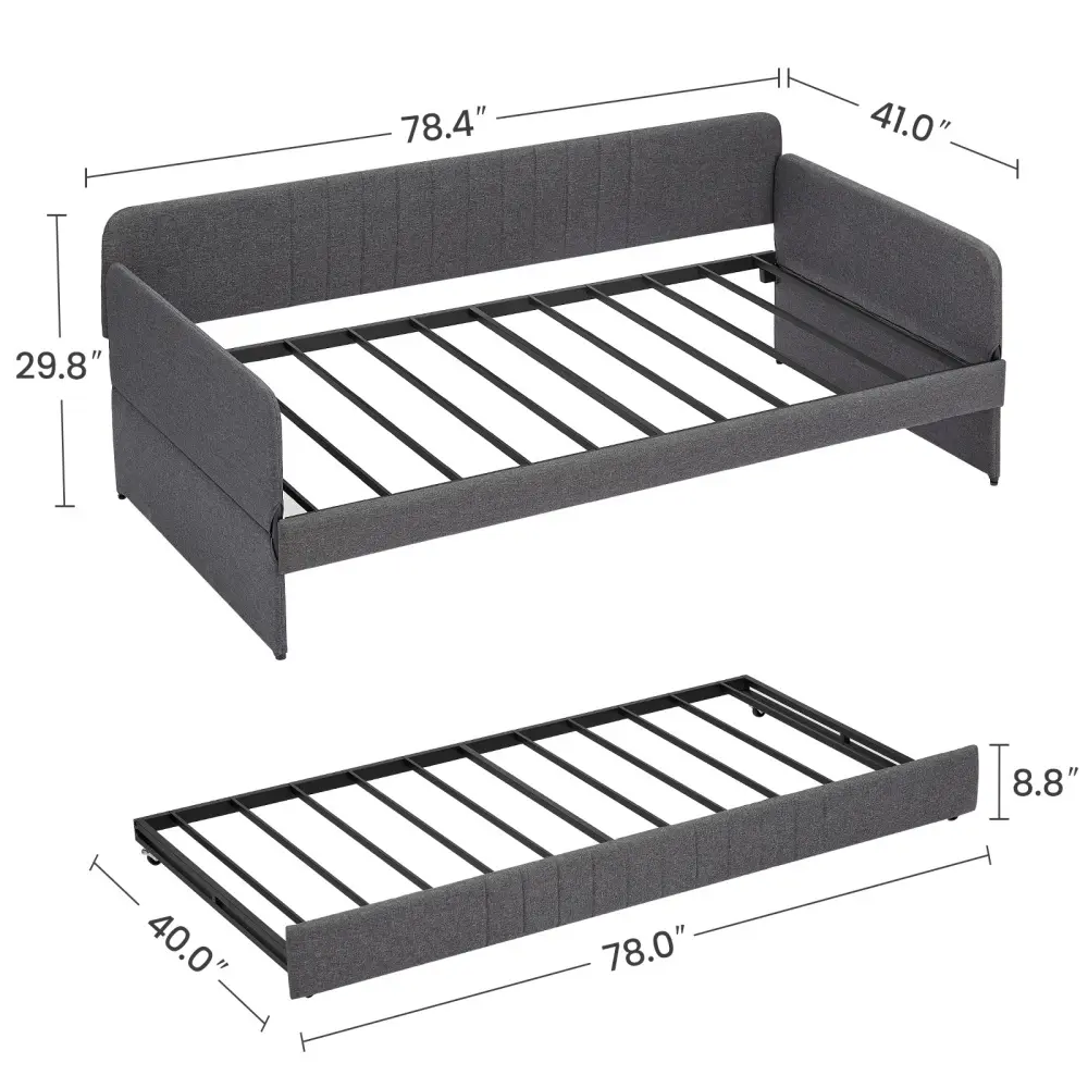 Daybed, Sofa Bed Metal Framed with Trundle Twin Size, Grey, 78.4''w X 41''d X 29.8''h. Living Room Furniture  Sofa