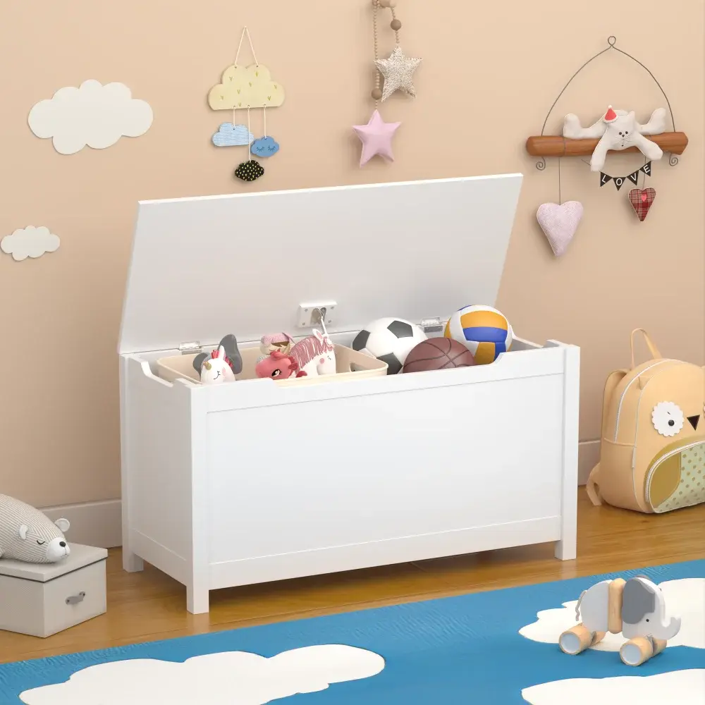 Kids Wooden Toy Box Storage with Safety Hinged Lid for Ages 2+ (White)  Storage Cabinet  Toy Storage