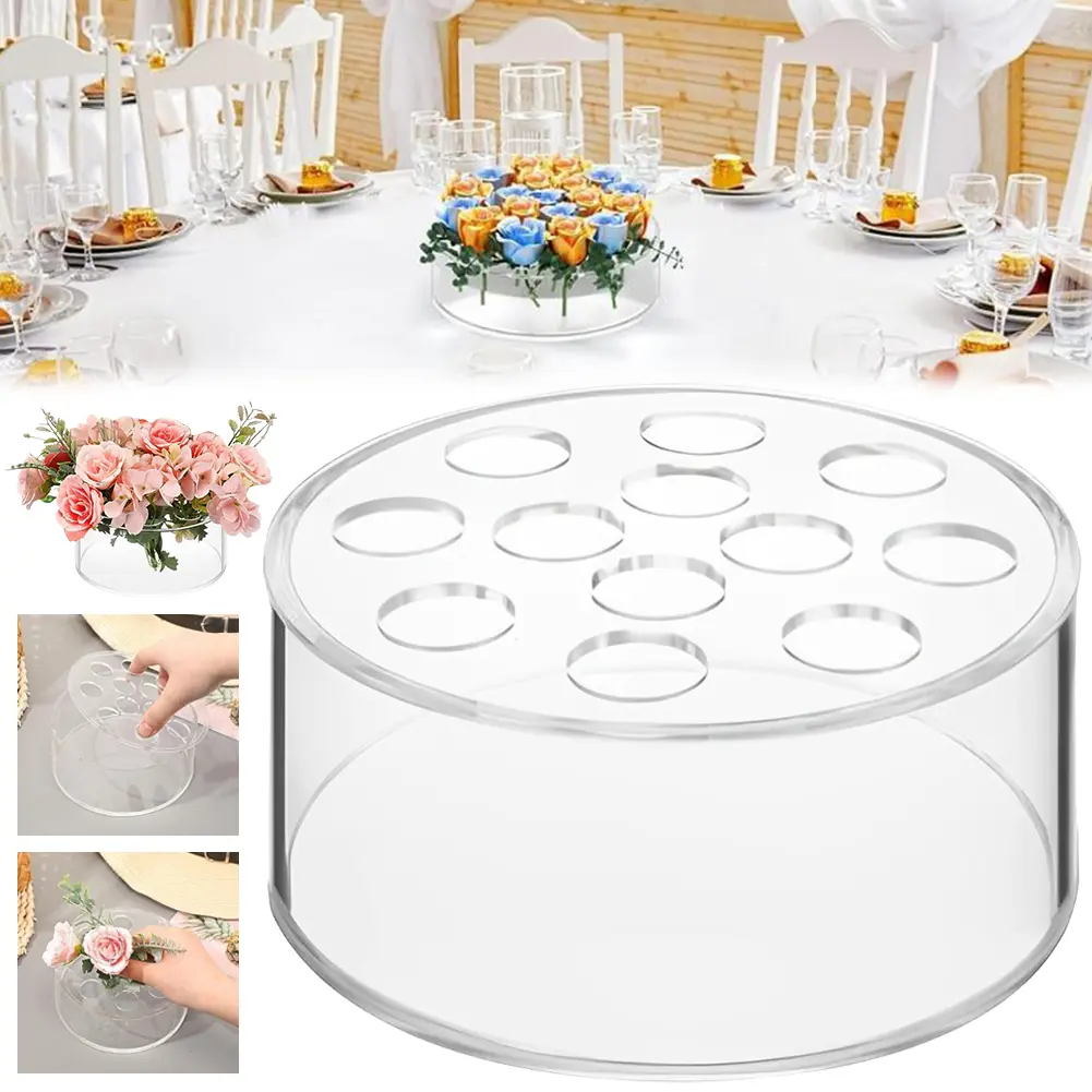 Clear Acrylic Flower Vase Round Decorative Vase Simple Table Floral Centerpiece Multifunction 12 Holes for Home & Wedding Decor