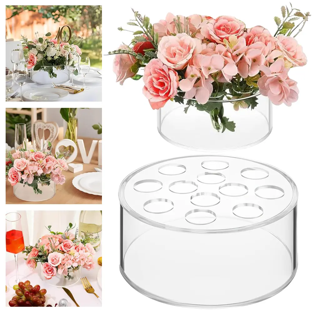 Clear Acrylic Flower Vase Round Decorative Vase Simple Table Floral Centerpiece Multifunction 12 Holes for Home & Wedding Decor