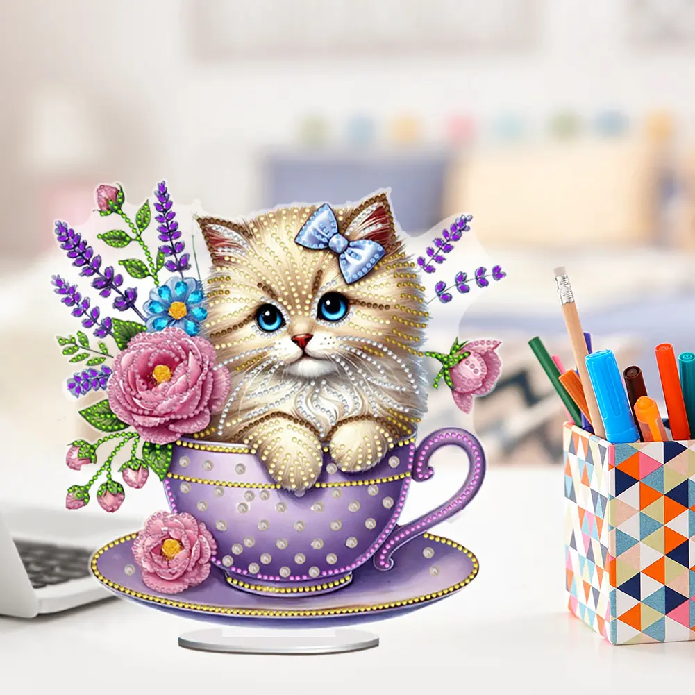 2D Flat Teacup Cat DIY Table Top Diamond Painting Ornament Kits Desktop Diamond Art Kits 5D DIY Diamond Art Tabletop Decorations