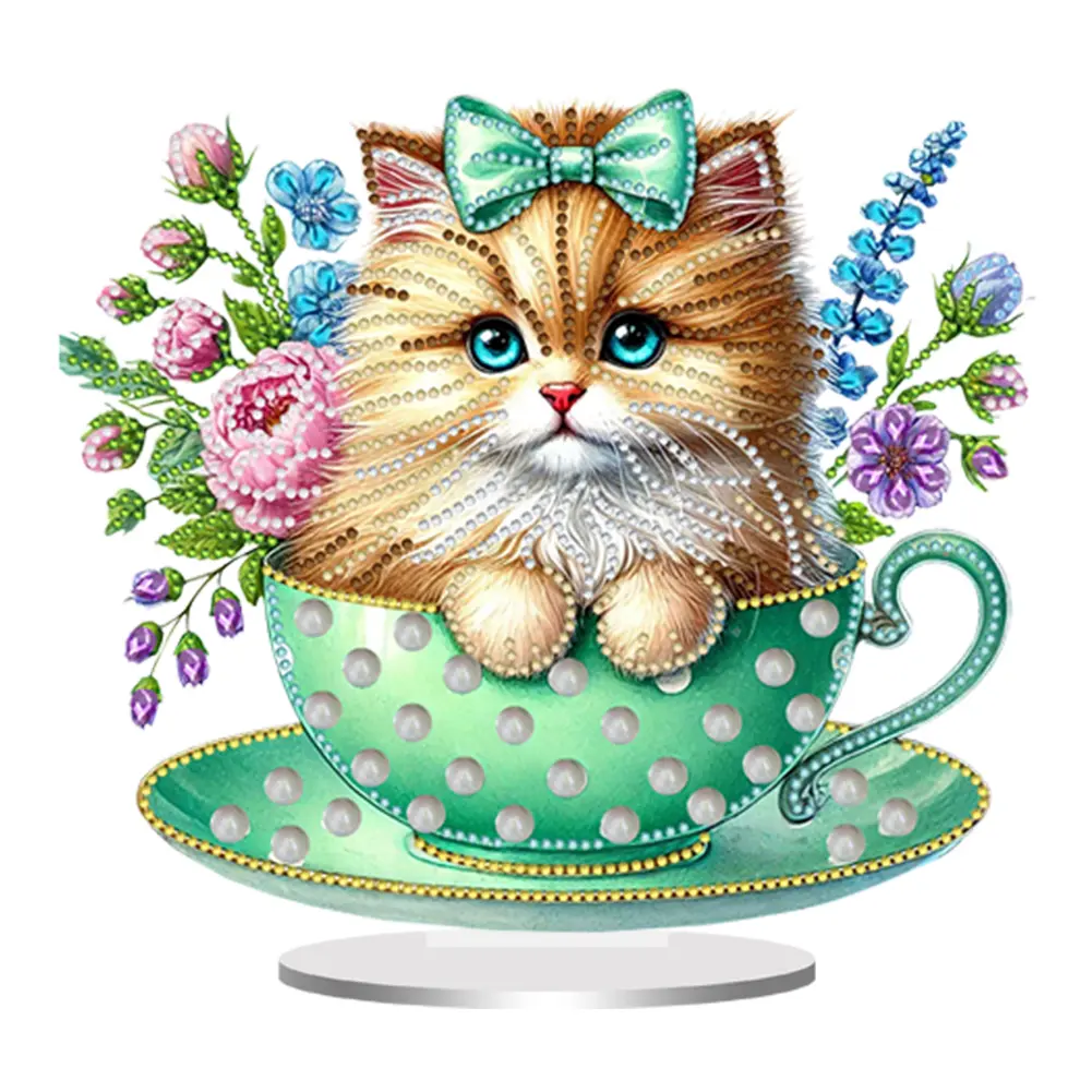 2D Flat Teacup Cat DIY Table Top Diamond Painting Ornament Kits Desktop Diamond Art Kits 5D DIY Diamond Art Tabletop Decorations