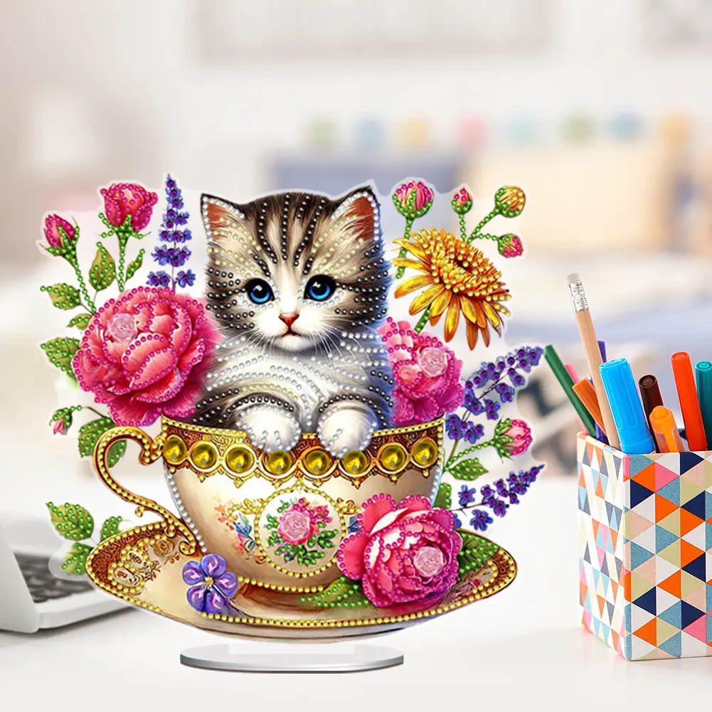 2D Flat Teacup Cat DIY Table Top Diamond Painting Ornament Kits Desktop Diamond Art Kits 5D DIY Diamond Art Tabletop Decorations
