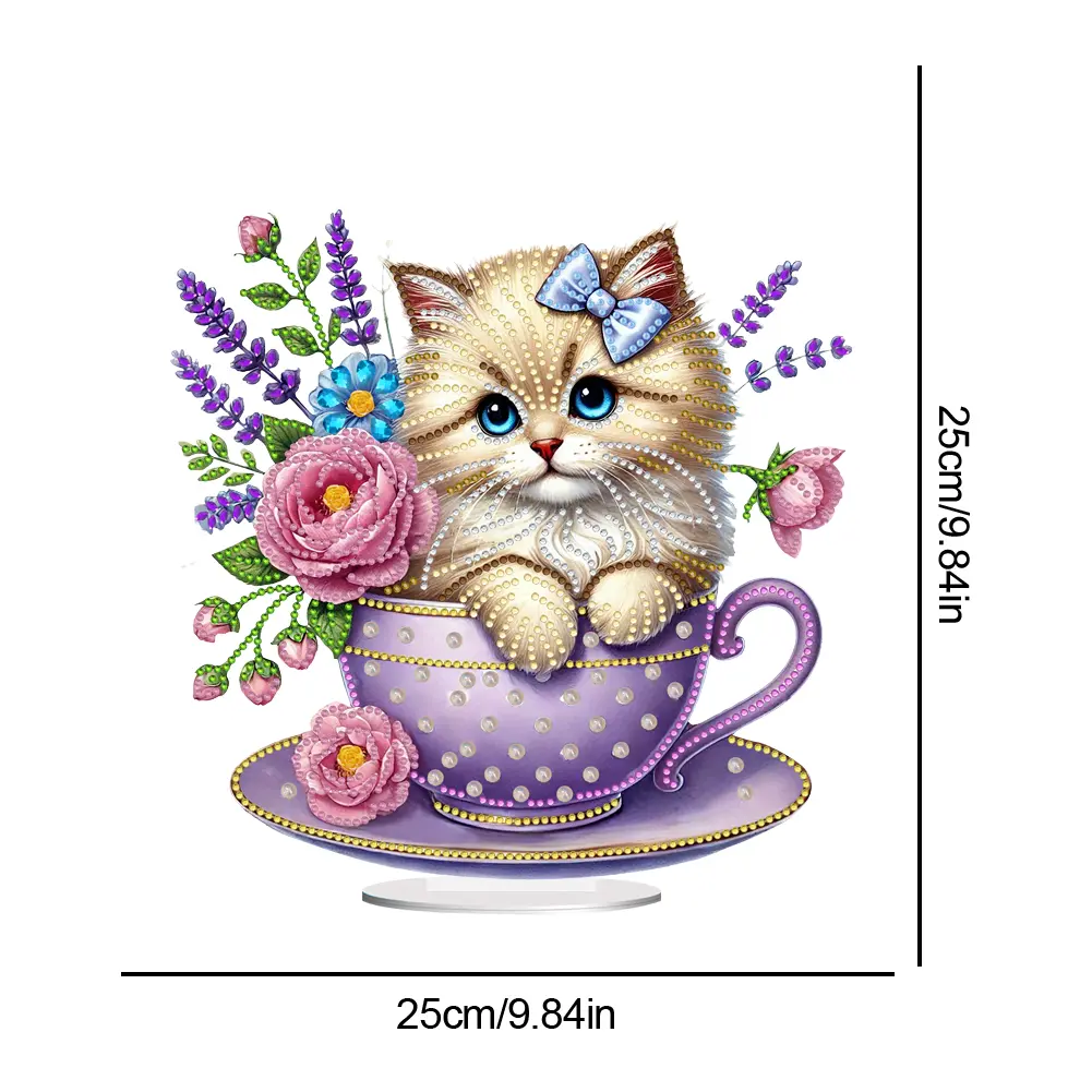 2D Flat Teacup Cat DIY Table Top Diamond Painting Ornament Kits Desktop Diamond Art Kits 5D DIY Diamond Art Tabletop Decorations