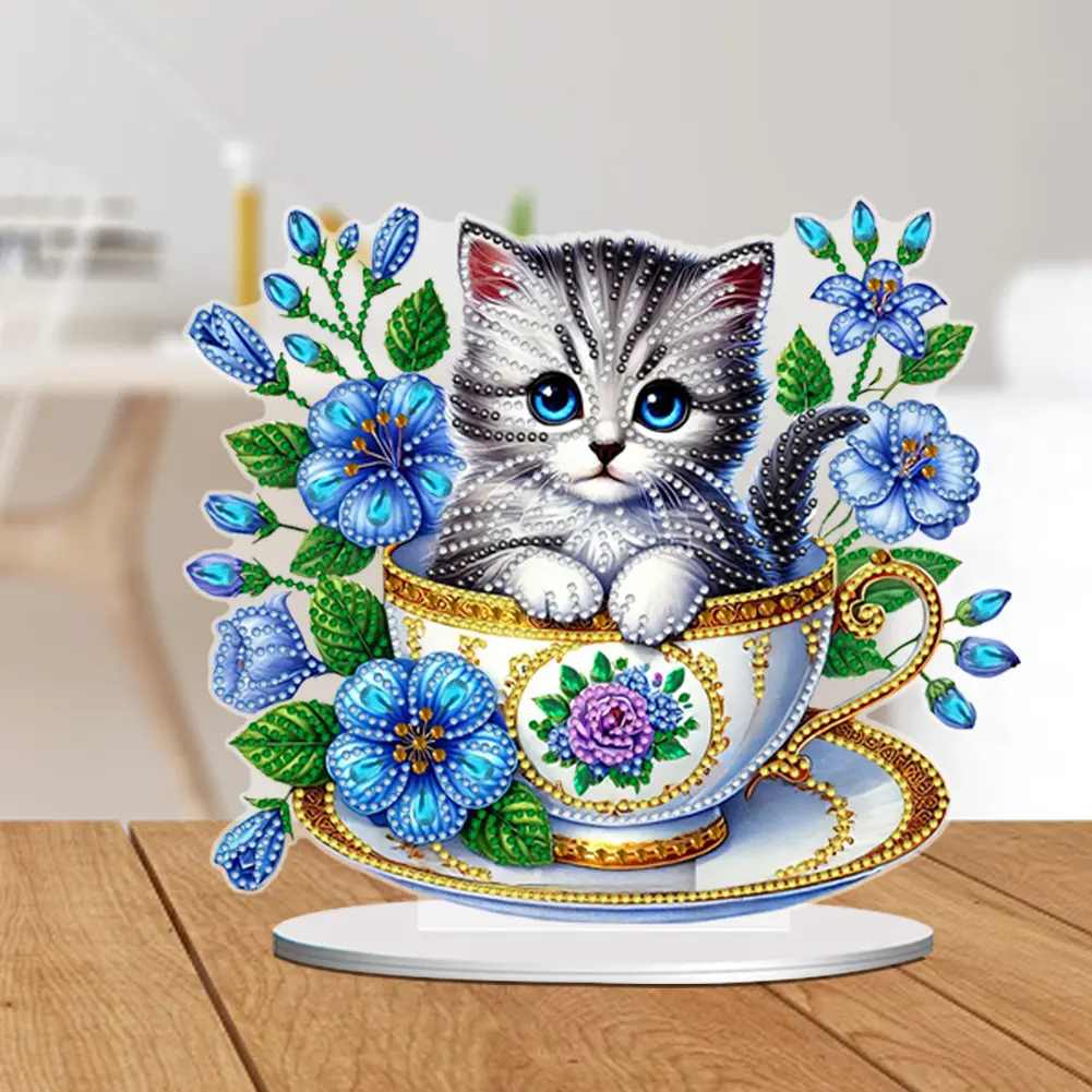 2D Flat Teacup Cat DIY Table Top Diamond Painting Ornament Kits Desktop Diamond Art Kits 5D DIY Diamond Art Tabletop Decorations